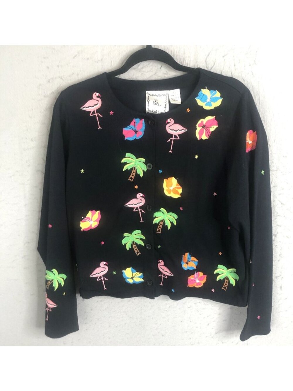 Michael Simon Sweater Womens L Flamingo Palm Tropical Floral Cardigan Resort